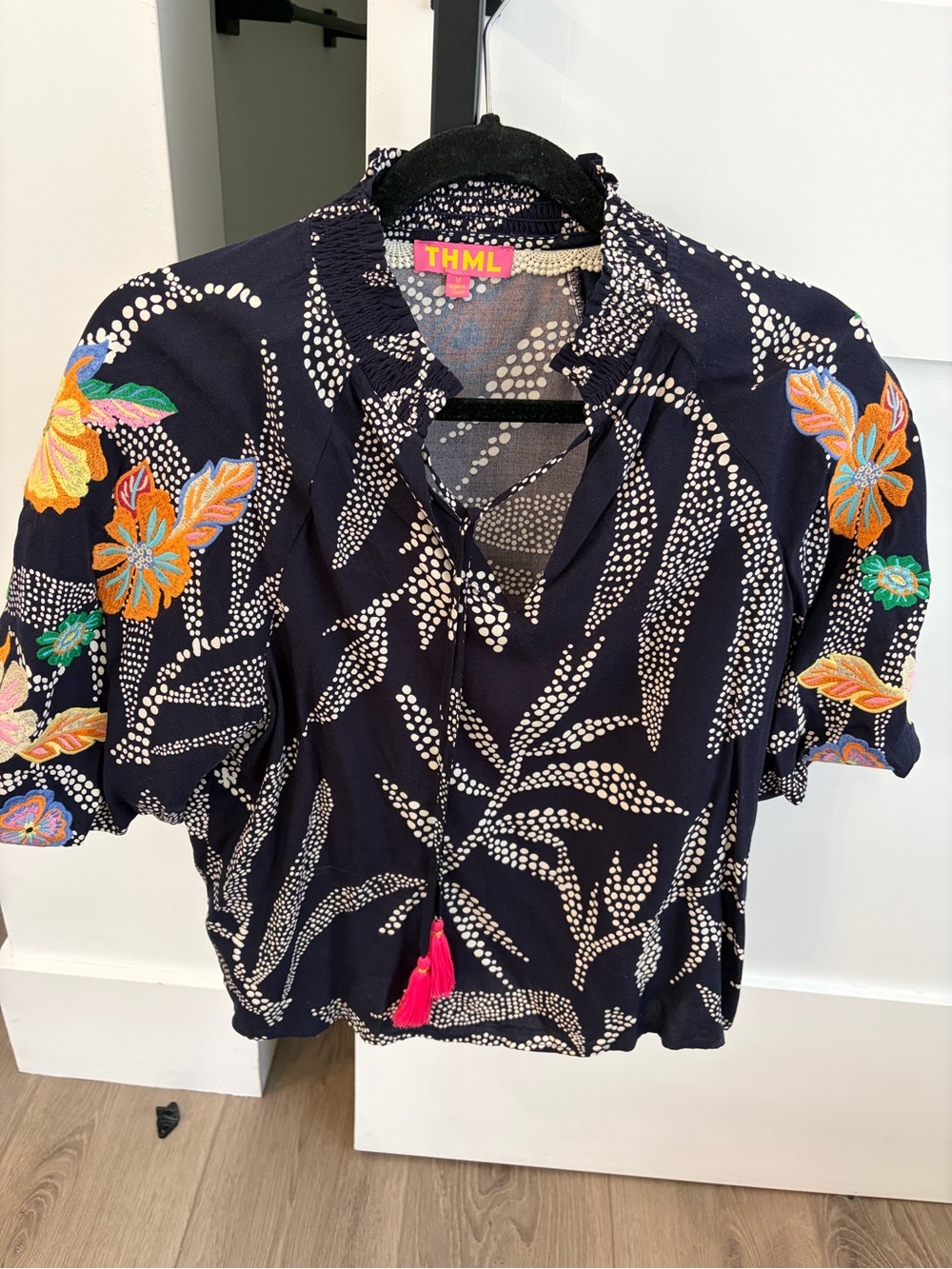 THML Navy Embroidered Floral Tassel Tie Blouse